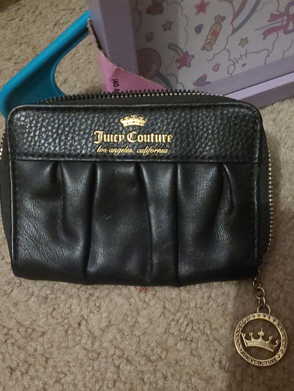 Juicy Couture Black Leather Quilted Pleat Zip Wallet with Gold Logo Charm